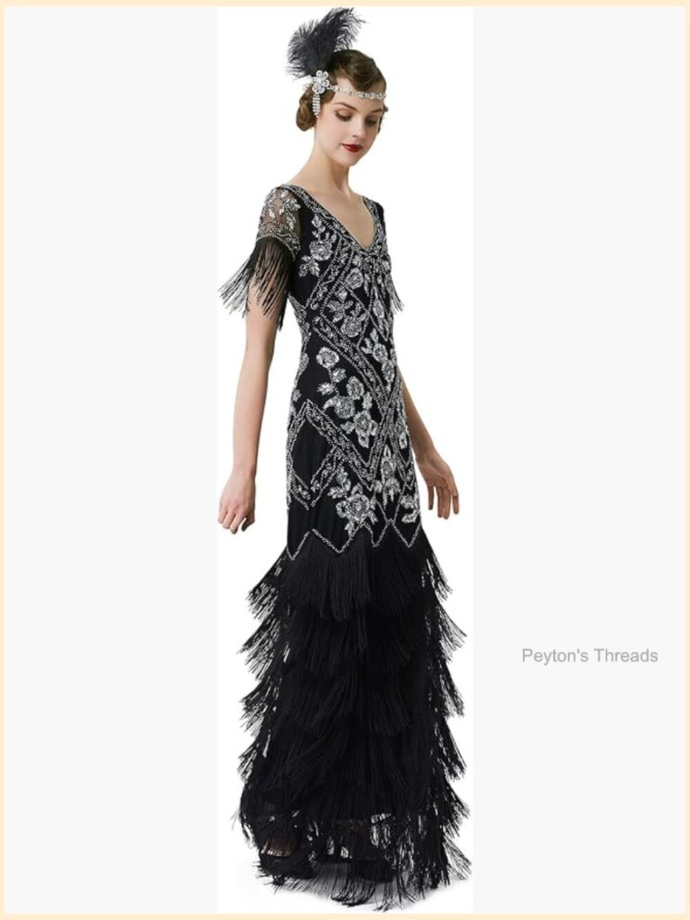 Sequin Beaded V-Neck Bodycon Flapper Maxi Dress Floor-Length Sleeveless